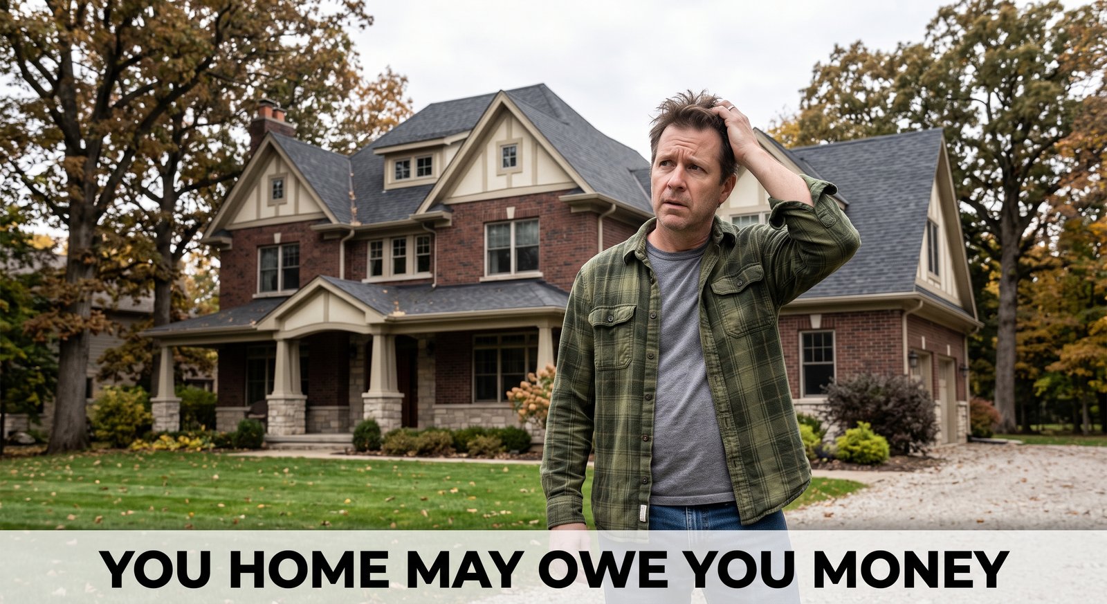 Homeowner standing in front of a brick house. Campaign photograph. Banner text on the file is advertising, not a payout.